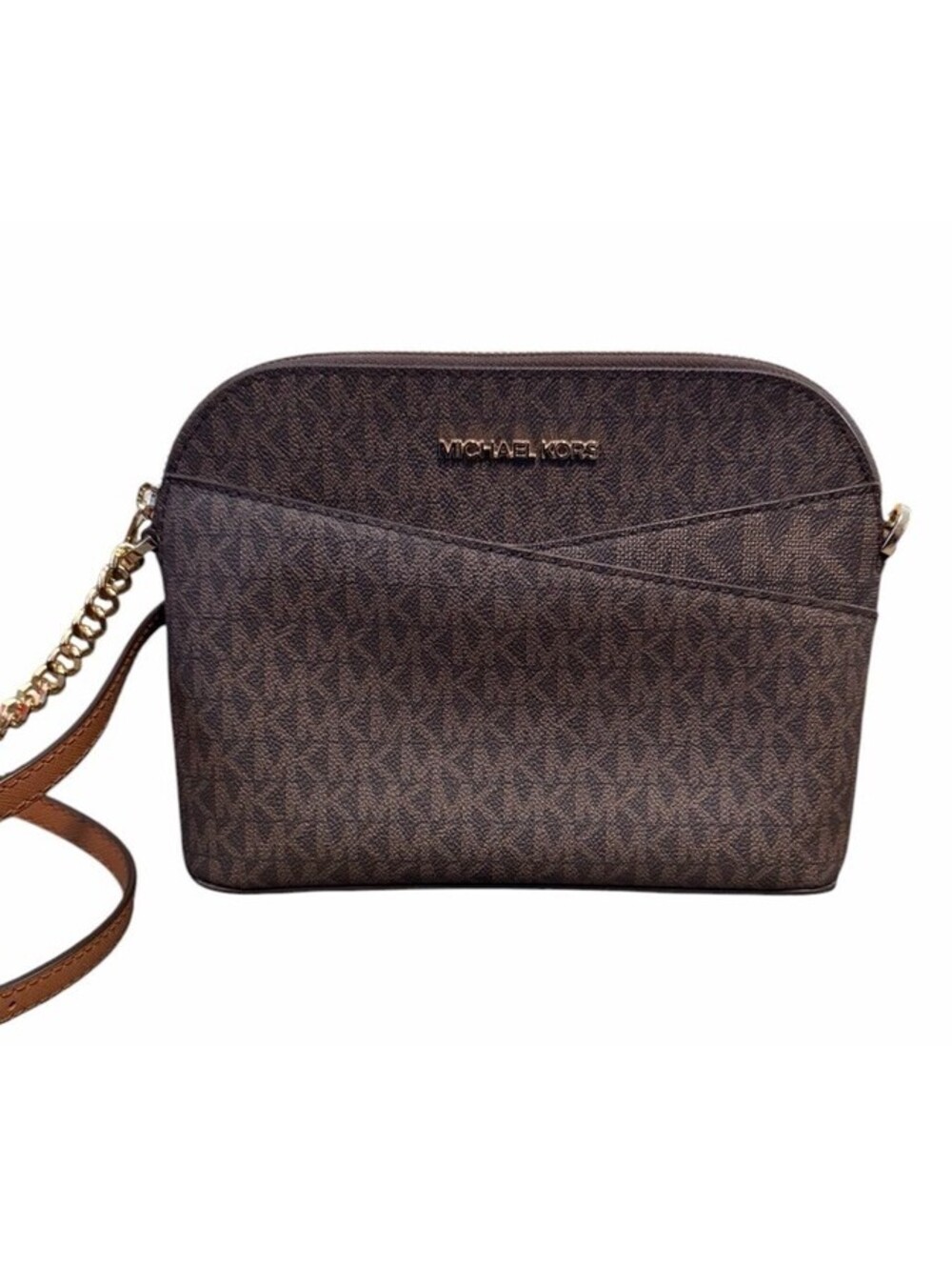 Michael Kors Jet Set Medium MK Signature Brown Crossbody Bag Gold Chain